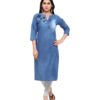 Pulkaari Blue Denim Embroidered Straight Kurti