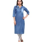 Pulkaari Blue Denim Embroidered Straight Kurti