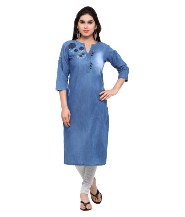 Pulkaari Blue Denim Embroidered Straight Kurti