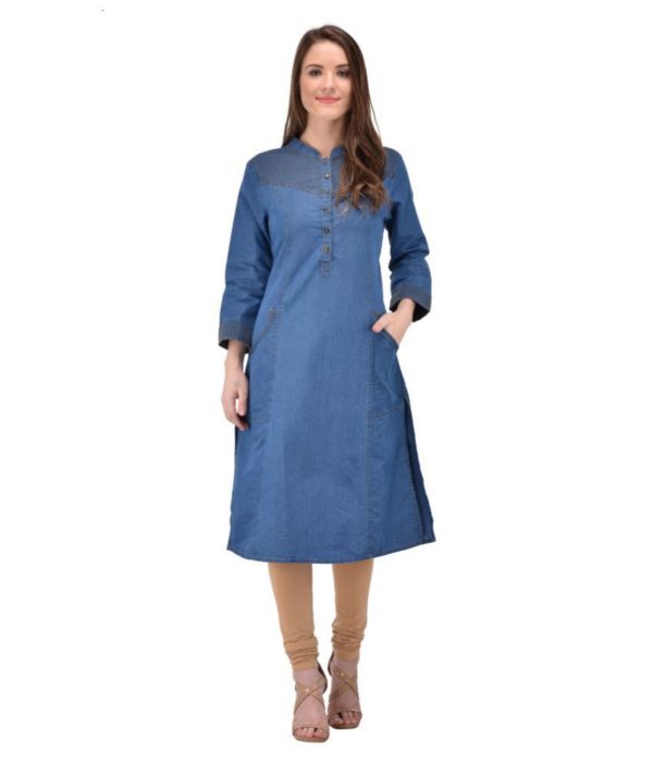 Pulkaari Blue Denim Embroidered Straight Kurti with Pocket