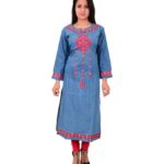 Pulkaari Embroidered Blue Denim Straight Kurti