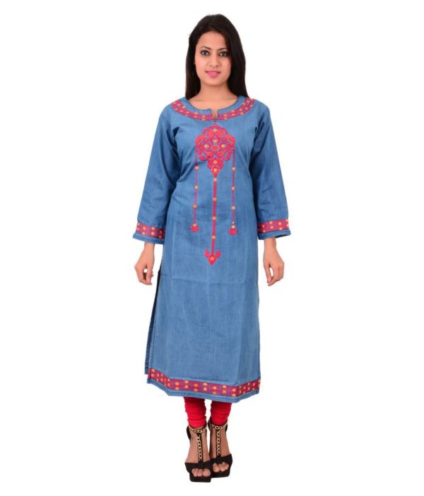 Pulkaari Embroidered Blue Denim Straight Kurti
