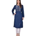Pulkaari Embroidered Blue Denim Straight Kurti