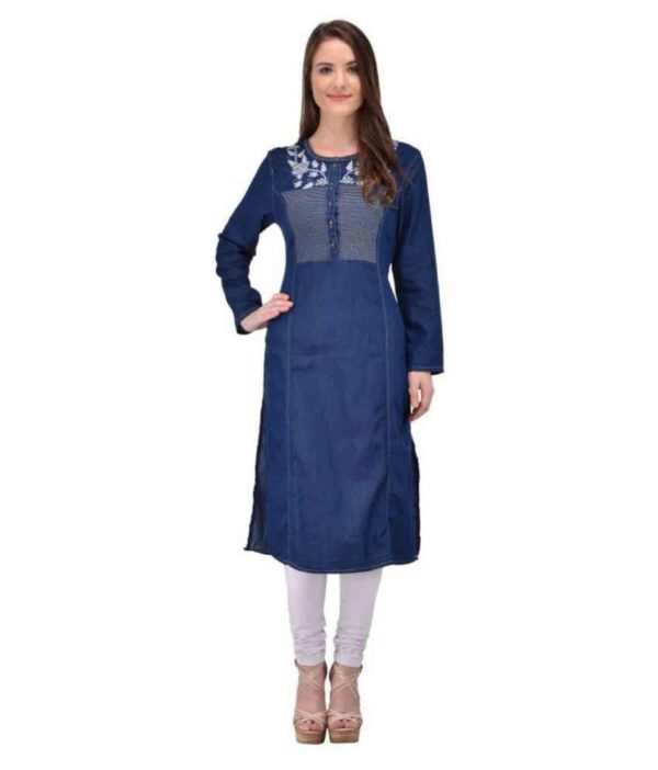 Pulkaari Embroidered Blue Denim Straight Kurti