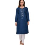 Pulkaari Embroidered Blue Denim Straight Kurti