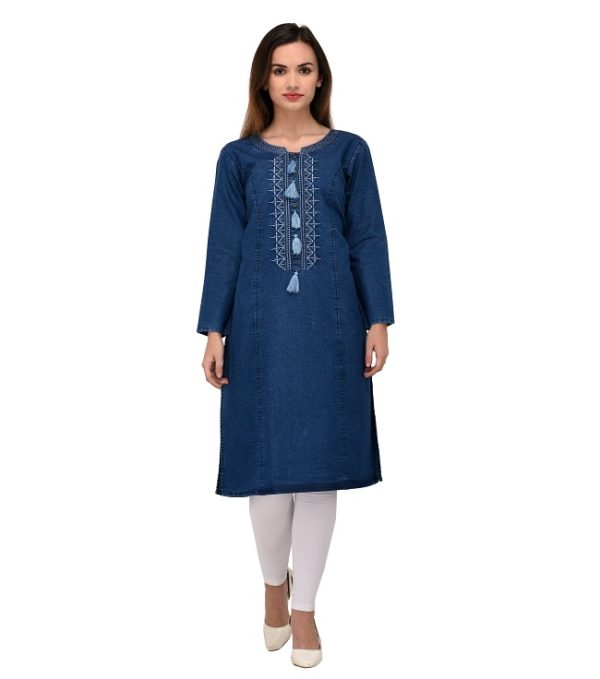 Pulkaari Embroidered Blue Denim Straight Kurti