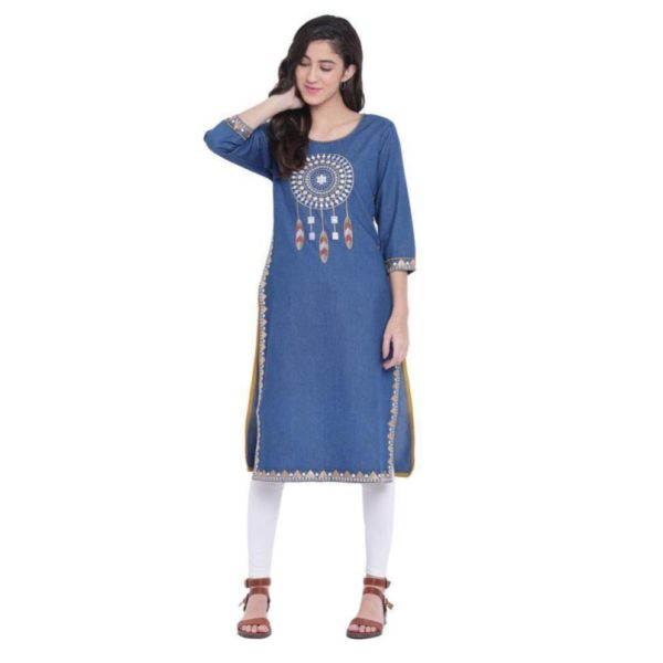 Pulkaari Embroidered Blue Denim Straight Kurti