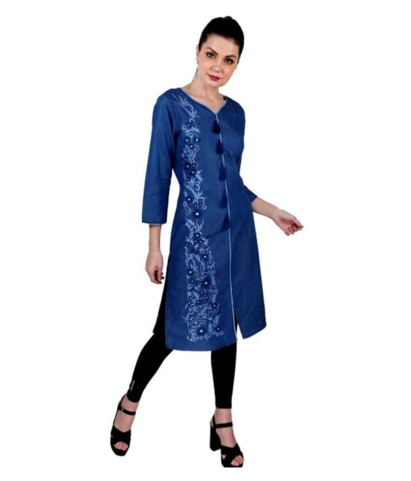 Pulkaari Embroidered Blue Denim Straight Kurti