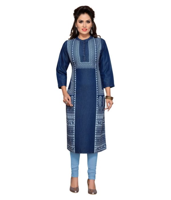 Pulkaari Embroidered Blue Denim Straight Kurti
