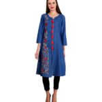 Pulkaari Stylish Embroidered Blue Denim Straight Kurti