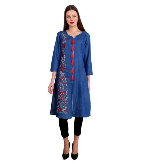 Pulkaari Stylish Embroidered Blue Denim Straight Kurti