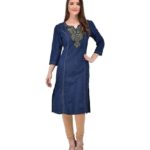 Pulkaari Stylish Embroidered Blue Denim Straight Kurti