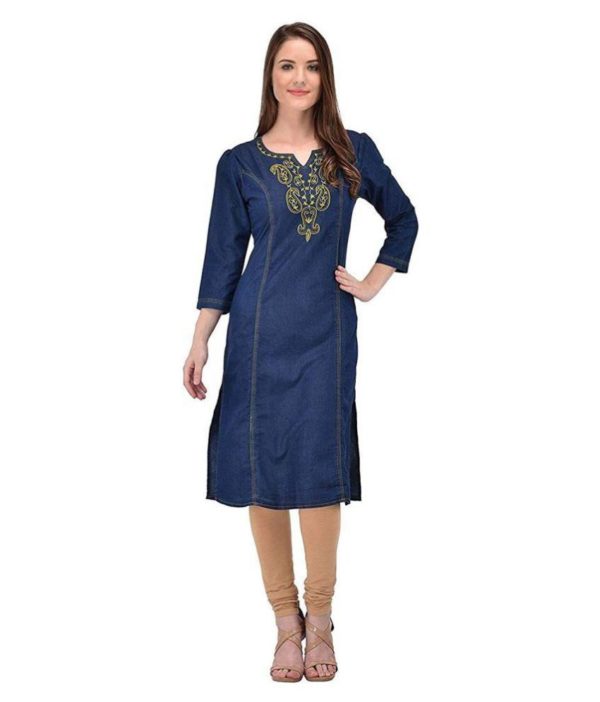 Pulkaari Stylish Embroidered Blue Denim Straight Kurti