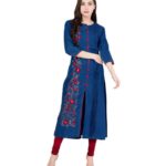 Pulkaari Stylish Embroidered Blue Denim Straight Kurti
