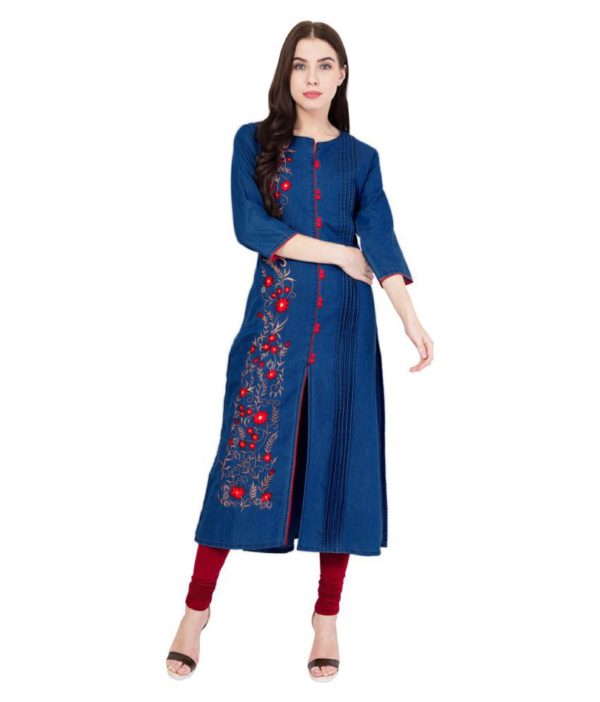 Pulkaari Stylish Embroidered Blue Denim Straight Kurti