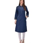 Pulkaari Stylish Embroidered Blue Denim Straight Kurti