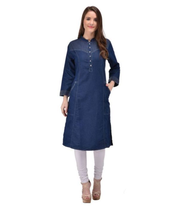 Pulkaari Stylish Embroidered Blue Denim Straight Kurti
