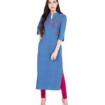 Pulkaari Stylish Embroidered Blue Denim Straight Kurti