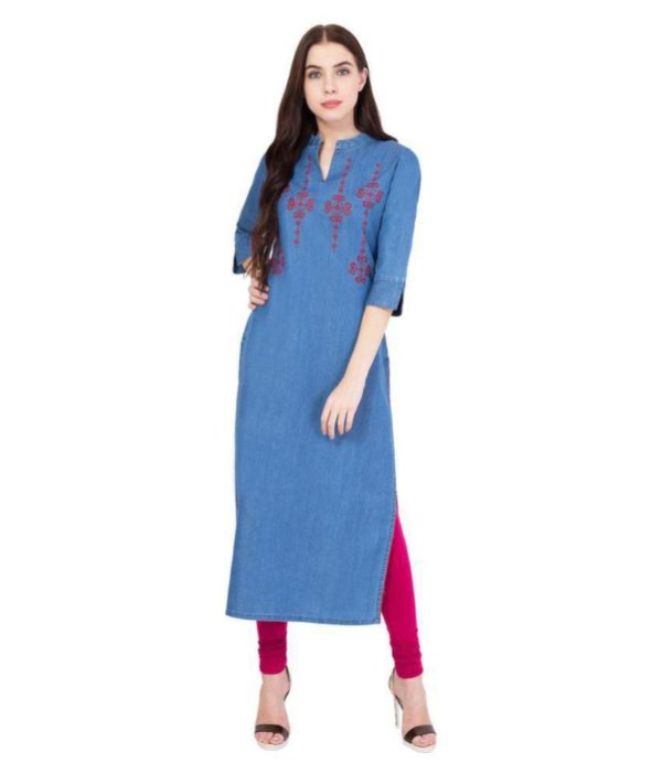 Pulkaari Stylish Embroidered Blue Denim Straight Kurti
