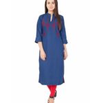 Pulkaari Stylish Embroidered Blue Denim Straight Kurti