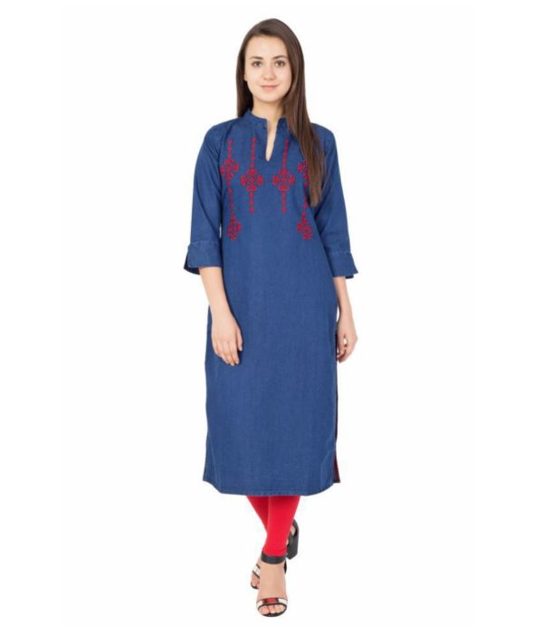 Pulkaari Stylish Embroidered Blue Denim Straight Kurti
