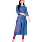 Pulkaari Stylish Embroidered Blue Denim Straight Kurti