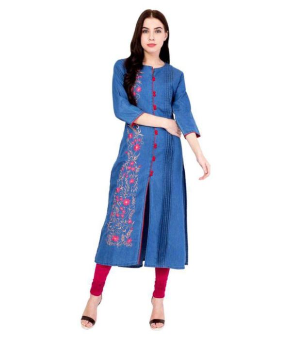 Pulkaari Stylish Embroidered Blue Denim Straight Kurti