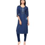 Pulkaari Stylish Embroidered Blue Denim Straight Kurti