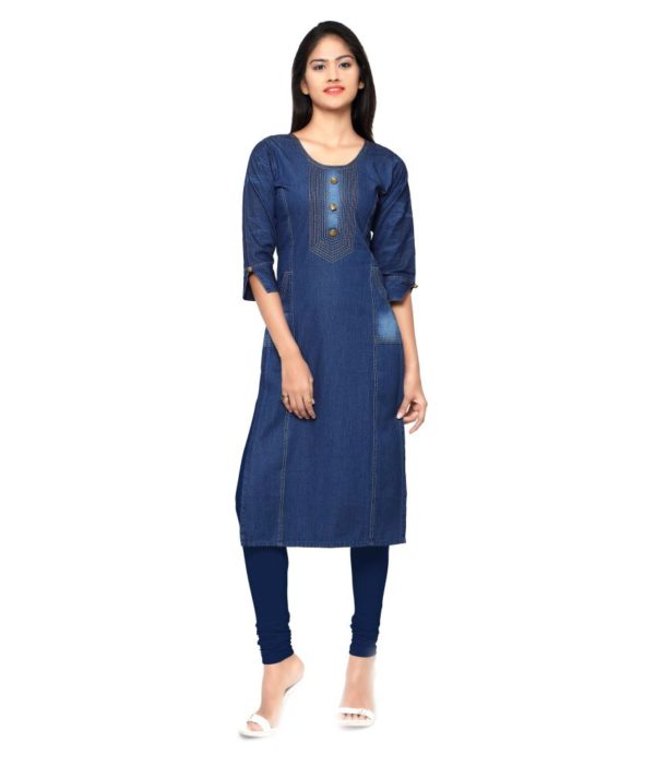 Pulkaari Stylish Embroidered Blue Denim Straight Kurti