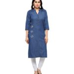 Pulkaari Stylish Embroidered Blue Denim Straight Kurti