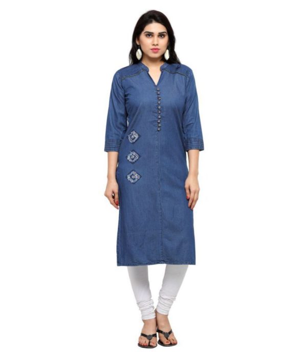 Pulkaari Stylish Embroidered Blue Denim Straight Kurti