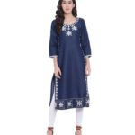 Pulkaari Stylish Embroidered Blue Denim Straight Kurti