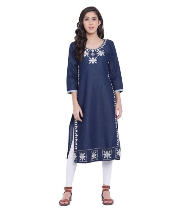 Pulkaari Stylish Embroidered Blue Denim Straight Kurti